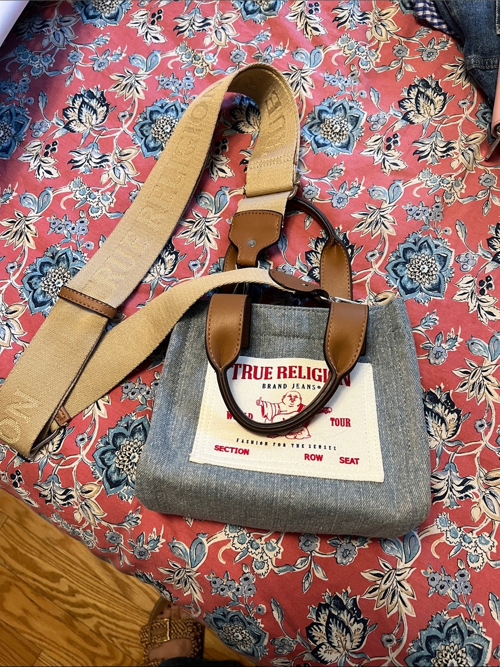 True Religion Two-Tone Denim Crossbody with Tan Leather Trim